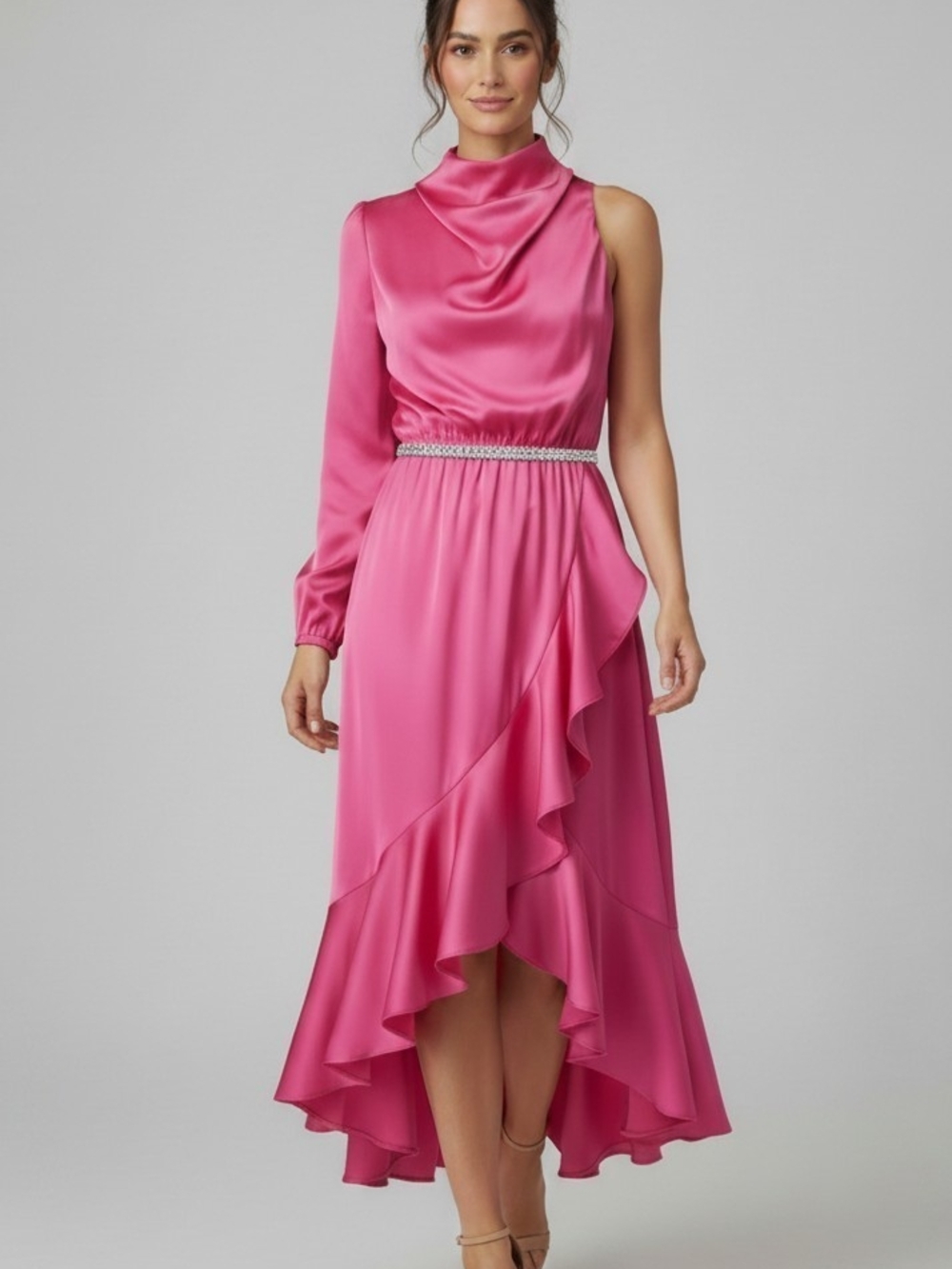 Pink Asymmetric Satin Ruffle Midi Dress